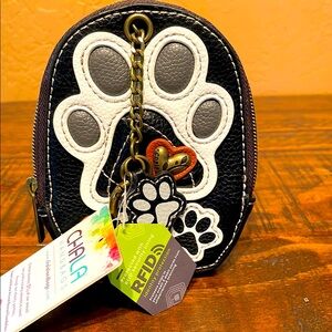 Chala NWT Vegan Leather Black Coin Pouch Wallet with White Paw Applique & Charm